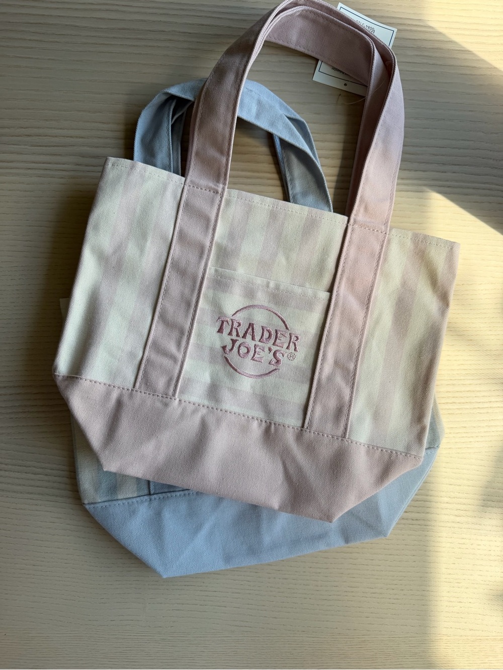 Trader Joe’s Mini Canvas Tote Bag Set of 2 Pink & Blue NWT